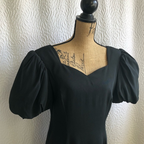 Vintage Black Square Sweatheart Neckline Puff Sleeve 100% Midi Silk Dress - Picture 2 of 16